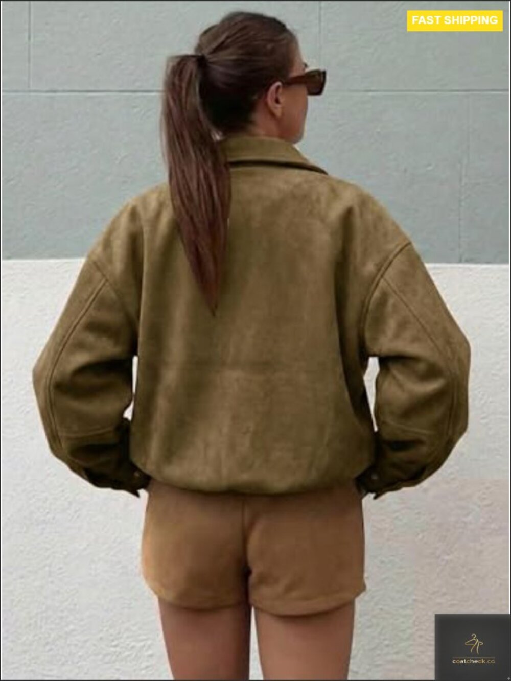 Oversized Faux Suede Bomber Jacket Trendy Casual Zip Up Long Sleeve Coat with - Picture 2 of 7